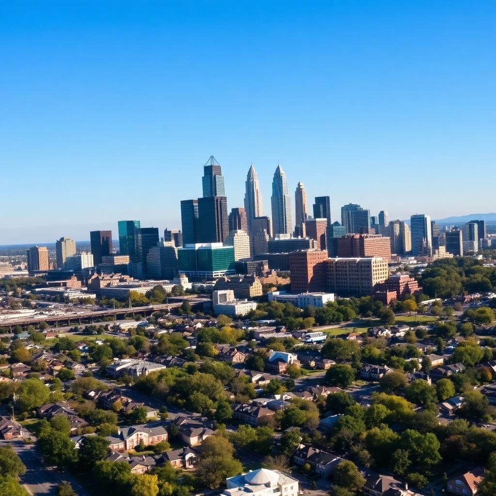 Aerial view of Atlanta, Georgia skyline with residential neighborhoods in the foreground.