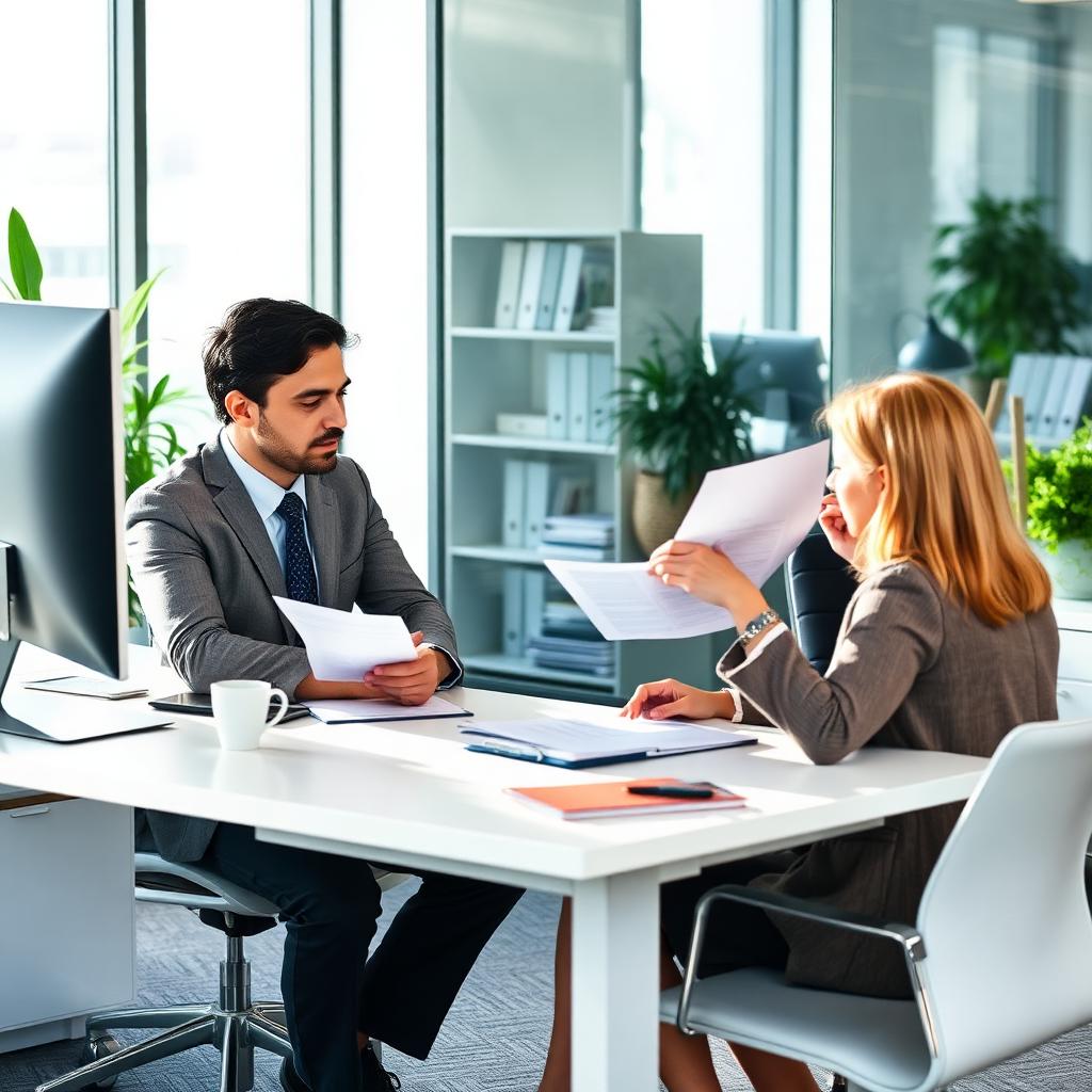 Professional mortgage consultant answering client questions at a clean desk in an Atlanta office.