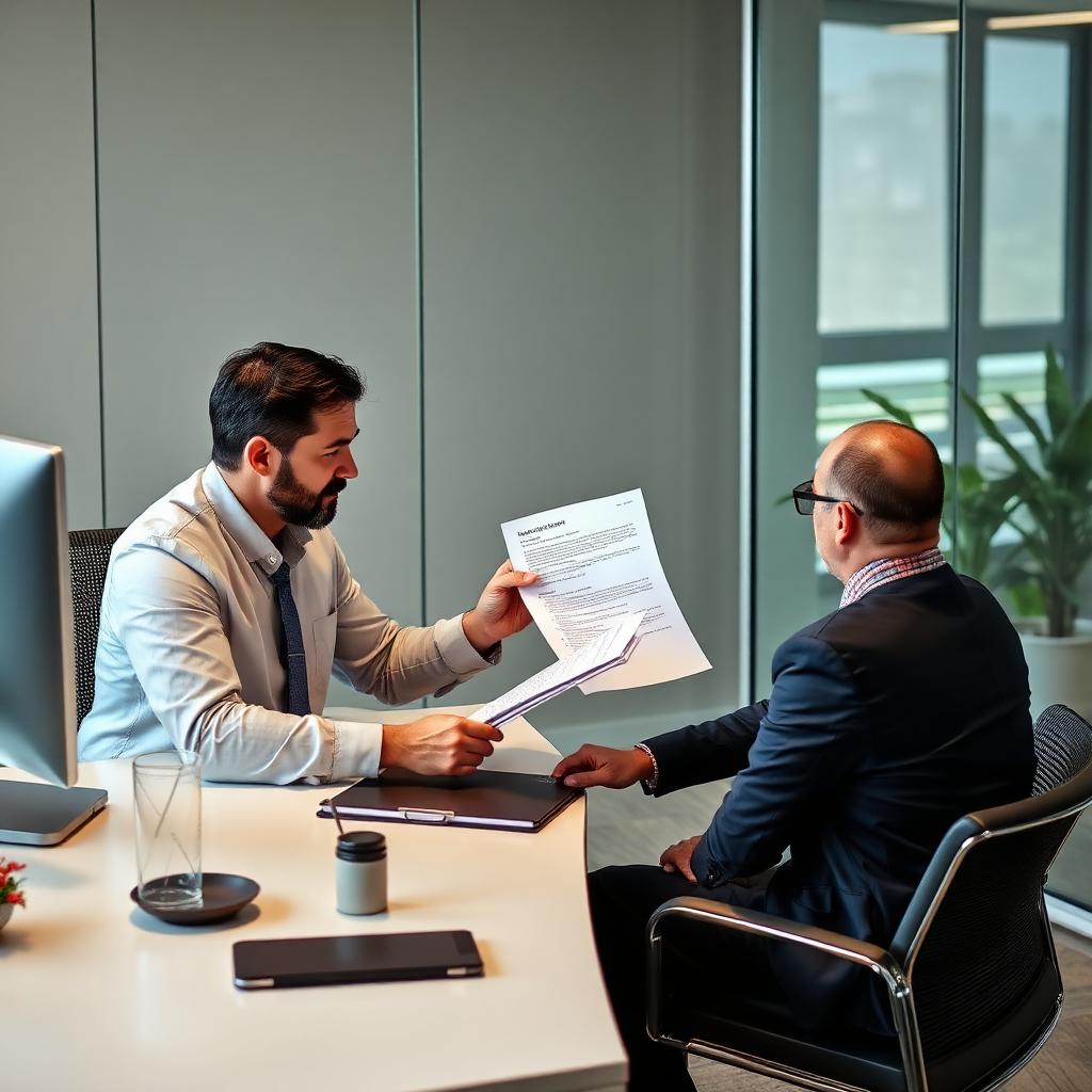 Mortgage loan officer reviewing home loan documents with a client at a professional office in Atlanta.