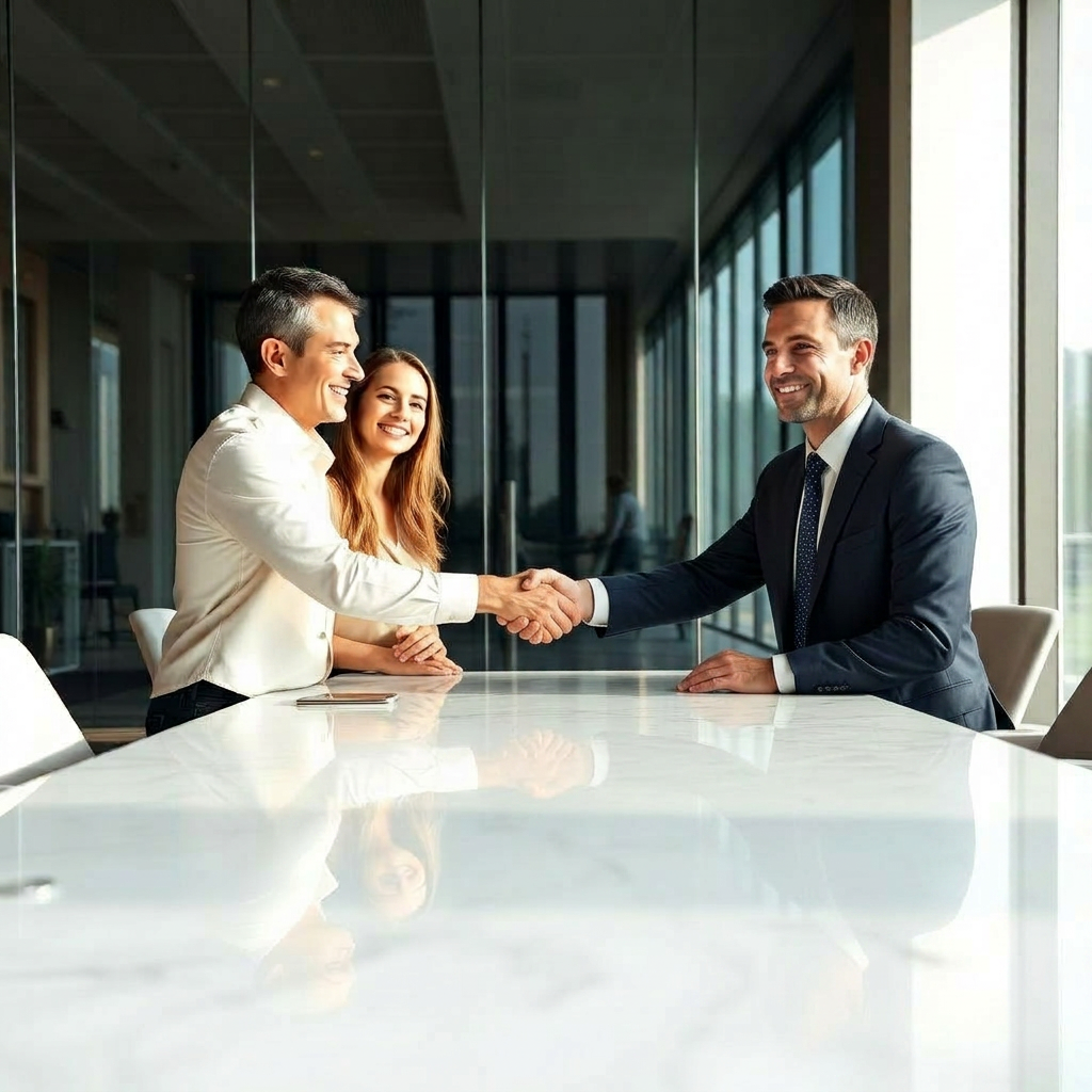 First-time homebuyers finalizing mortgage loan agreement with a professional broker in an Atlanta office.