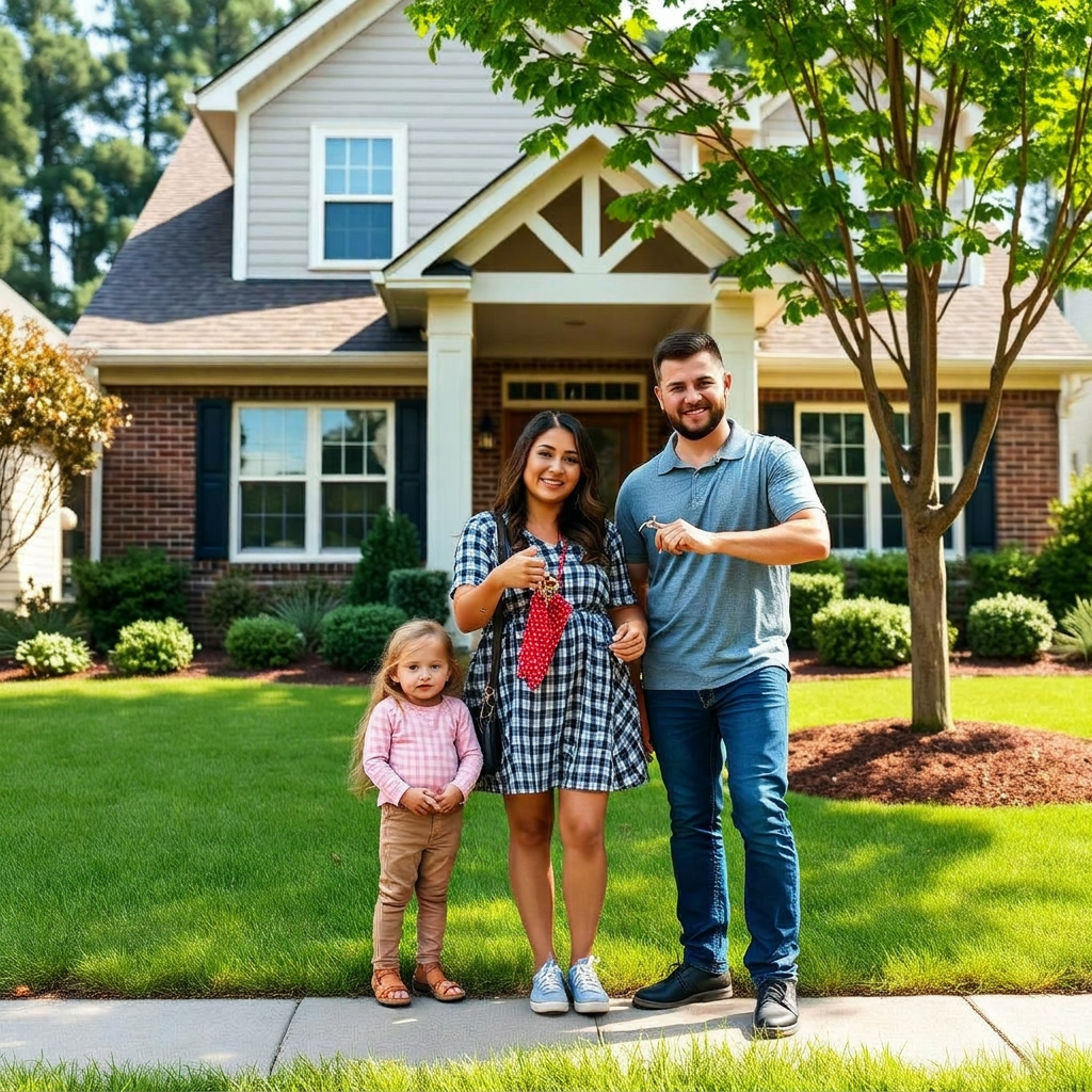 Young family in front of their newly purchased home in Metro Atlanta after securing a home purchase loan.