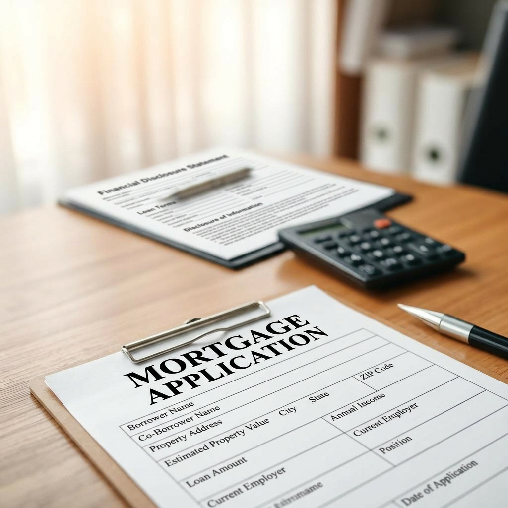 Mortgage application form and calculator on a desk during a home loan consultation.