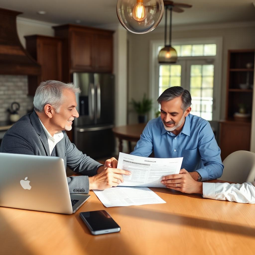 Homeowner reviewing mortgage refinancing options with a financial advisor at home in Atlanta.