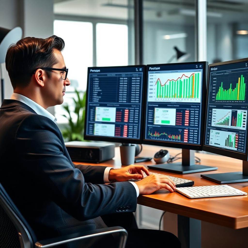 Mortgage broker comparing refinancing rates on dual monitors in a professional Atlanta office.