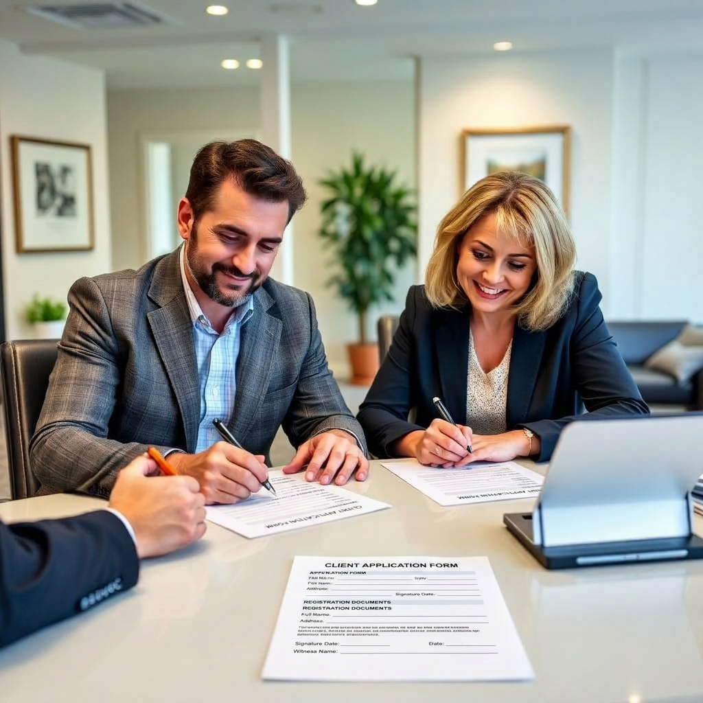 Couple signing mortgage refinancing documents at a closing table with a notary.