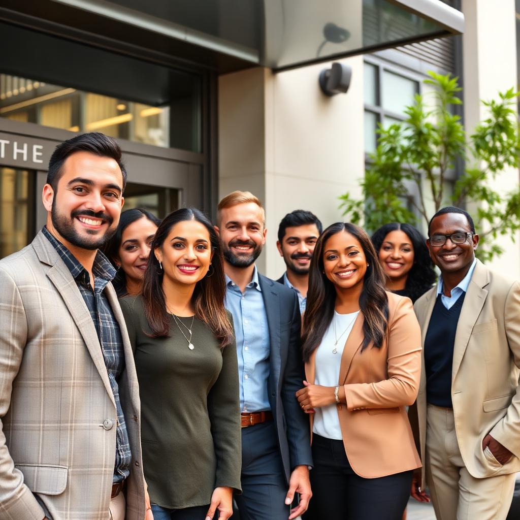 Diverse satisfied clients gathered outside a professional Atlanta mortgage office.